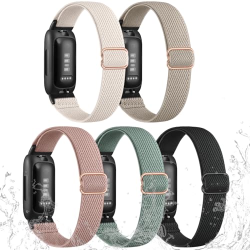 Odbeai Elastic Bands Compatible with Fitbit Inspire 3 Bands for Women Men, Water-Resistant Stretchy Nylon Adjustable Soft Sport Replacement Strap for Inspire 3/Inspire 2/Inspire, 5 Packs