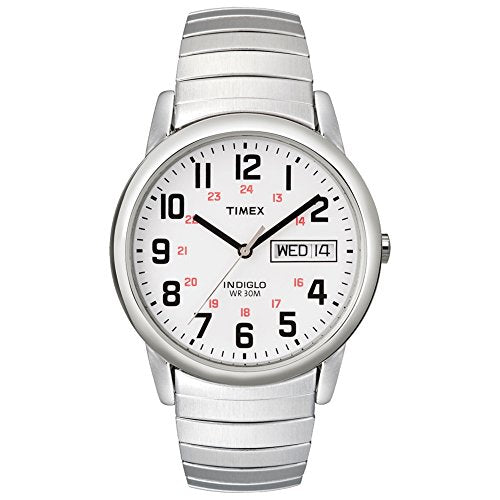 Timex Men's Easy Reader 35mm Day-Date Watch – Silver-Tone Case White Dial with Silver-Tone Expansion Band