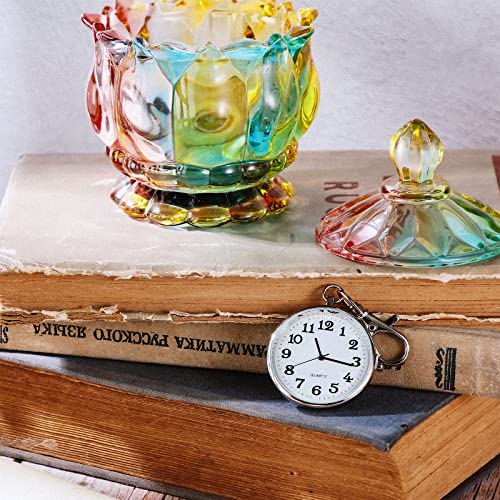 Junkin 2 Pieces Quartz Pocket Watch with Key Buckle Round Keychain Clip on Watch Portable Unisex(Silver)