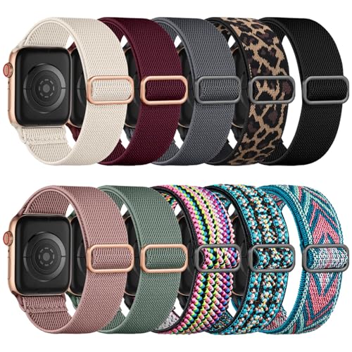 Maledan Stretchy Nylon Solo Loop Compatible with Apple Watch Bands 38/40/41/42mm for Women & Men, Adjustable Sport Elastic Wristband Strap for iWatch Ultra 2 Series SE/11/10/9 8/7/6/5/4/3/2/1, 10 Pack