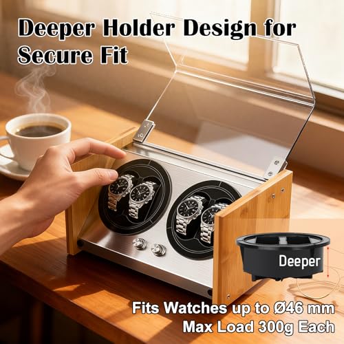 Watch Winder Smith Real Bamboo 4 Watch Winders for Automatic Watches, Precision Engineered Quiet 4 Modes Rotation and Dual Power Flexibility AC/DC