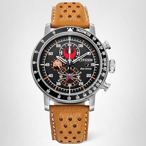 Citizen Eco-Drive Star Wars Men's Watch, Stainless Steel with Orange Leather Strap, Rebel Pilot, Silver-Tone, 44mm (Model: CA4478-56L)