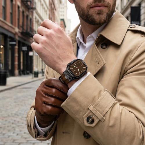 DABAOZA Leather Band Men Compatible for Apple Watch Ultra 3/2 Bands 49mm 46mm 45mm 44mm,Genuine Leather Metal Replacement Strap for iWatch Ultra 3 2 1 Series 11 10 9 8 7 6 5 4 SE 3 (Black/Walnut)