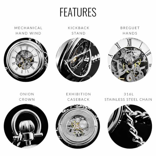 Stuhrling Original Men’s Pocket Watch Mechanical Skeleton Dial Hand Wind Stainless Steel Chain Dual-Sided Display Analog Vintage Style Timepiece No Battery Watch