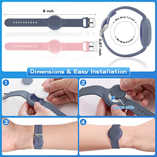 Waterproof Bracelet Compatible with Airtag (1st & 2nd Gen) for Kid, 2 Pack Soft Silicone Hidden Wristband, Lightweight Tracker Watch Band Compatible with Apple Air Tag for Child, Grey Blue & Pink