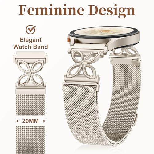 Getino Magnetic Metal Strap Compatible with Galaxy Watch 7 Band, Galaxy Watch 6 Classic Band FE 5 Pro 4 Active 2, 20mm Milanese Floral Dressy Wristband for Samsung Watch Bands Women 40mm 44mm 45mm