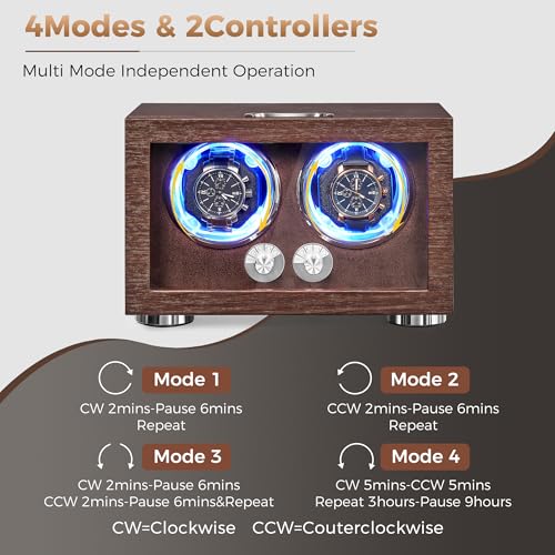 ANWBROAD Double Watch Winder, Automatic Watch Winder for Automatic Watches, Dual Watch Winder Box with Type-C Port Adapter, 4 Modes, Quiet Motor, LED Light, Fathers Day UJWW004M