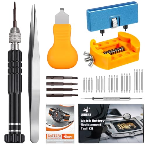 JOREST Watch Battery Replacement Kit, Watch Repair Screwdriver, Watch Band Replacement tool, Watch Wrench Back Remover, Watch Case Opener, Watch Back Remover Holder, Spring bar, Tweezers