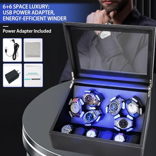 hightall Luxury Automatic Watch Winder for Rolex/Omega/Cartier | 6+6 for Automatic Watches with Whisper-Quiet Motor (<5dB), Anti-Scratch Memory Foam & Stable Base | Snakeskin PU,With Plug