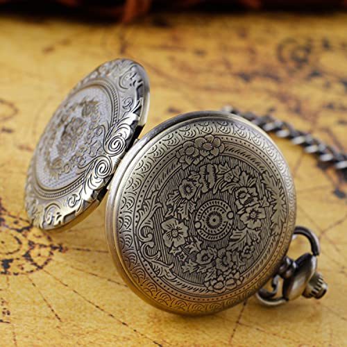 Realpoo Bronze Large Decorative Flower Pattern Pocket Watch White Roman Numeral Scale Quartz Pocket Watches for Men with Chain