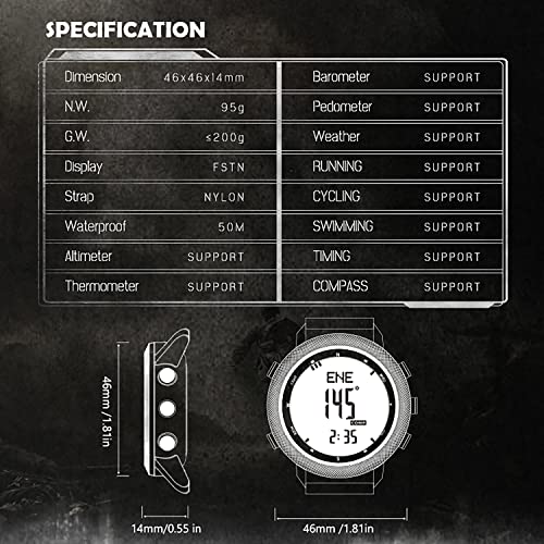 HOOSHU Tactical Sports Watches for Men Digital Outdoor Survival Military Compass Rock Solid Digital Watches with Durable Band Steps Tracker Pedometer Calories (46Black)