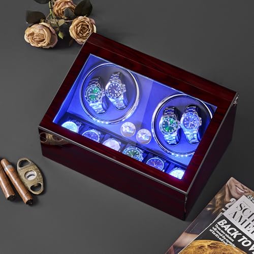 ANWBROAD Watch Winder for Automatic Watches 4+6 Watch Rotator and Storages with Super Quiet Motor LED Backlight Piano Paint Watch Turner 4 Rotating Modes UJWW002R