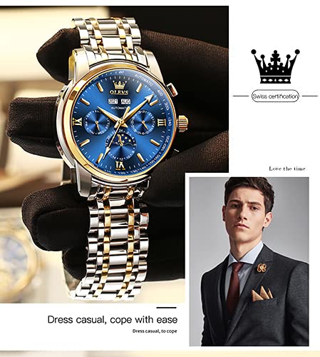 OLEVS Automatic Men Watch Self Winding Mechanical Luxury Dress Moon Phase Stainless Steel Waterproof Luminous Calendar Wrist Watch (Blue)