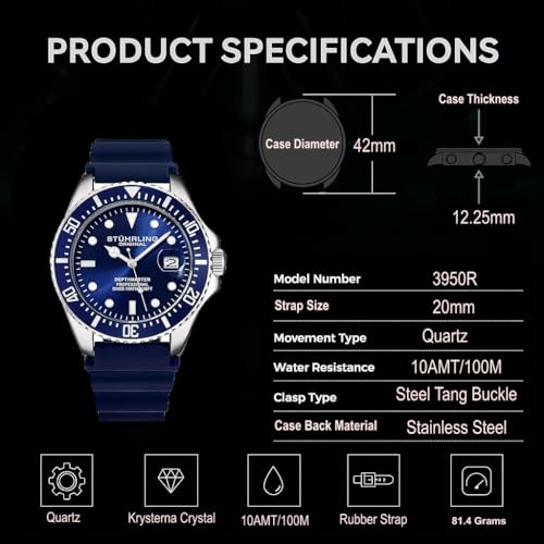 Stuhrling Original Men's Watch Dive Watch Silver 42 MM Case with Screw Down Crown Rubber Strap Water Resistant to 330 FT