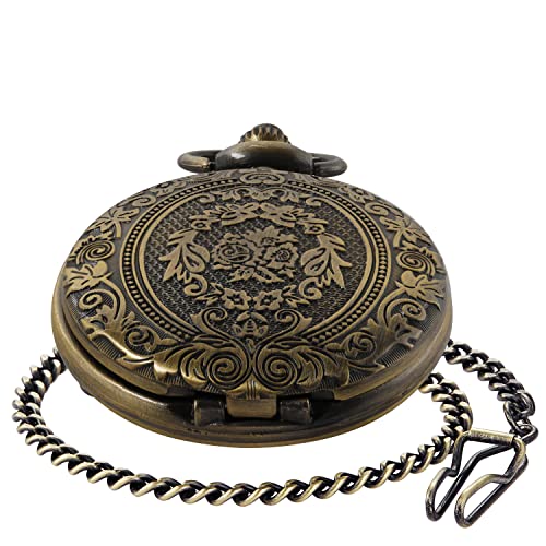 Realpoo Bronze Large Decorative Flower Pattern Pocket Watch White Roman Numeral Scale Quartz Pocket Watches for Men with Chain