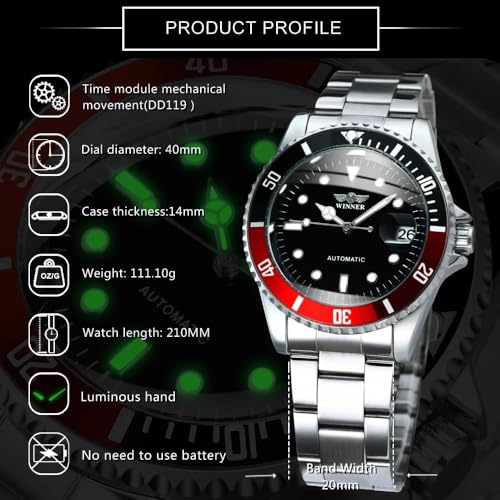 MASTOPMen’s Automatic Mechanical Watches Business Stainless Steel Band Waterproof Military Luminous Classic Analog Dress Wrist Watch for Men,Auto Date