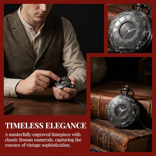 MJSCPHBJK Vintage Pocket Watch for Men Roman Numerals Scale Quartz Pocket Watches with Chain for Xmas Fathers Day Gift