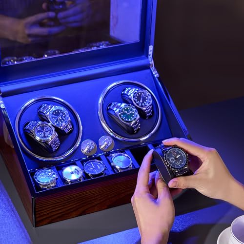 BEWISHOME Watch Winders for Automatic Watches, Automatic Watch Winder Box Watch Spinner with LED Light, 4 Watch Winder with Quiet Running Motor and 6 Storage Case for Man/Woman's Watches, Brown SYQ01Y