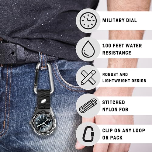 Dakota Backpacker Clip, Clip Watch, Nylon Carabiner Strap, Lightweight Watch Watch, Outdoor Gifts for Men and Women, Use for Fishing, Hunting, Golf and More, Tactical Watch-Black