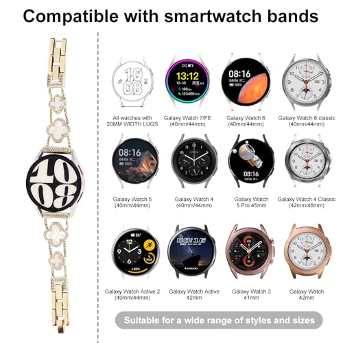 Chinmumu for Samsung Galaxy Watch 7 6 5 4 FE Band 40mm 44mm, 20mm Watch Band,Four Leaf Clover Women Bling Diamond Band for Watch 6/4 Classic 5 Pro Active 2 43mm 47mm 42mm 46mm (gold/white)
