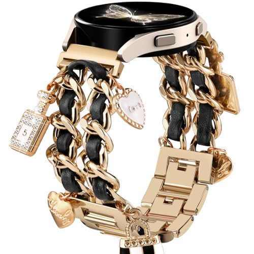 Stylish Metal Band Compatible with Samsung Galaxy Watch 7 Band/FE 6 5 4 40mm 44mm,Galaxy Active 2, 20mm Watch Strap Pretty Chain with Cute Decorative Charms Accessories for Samsung Watch Bands Women