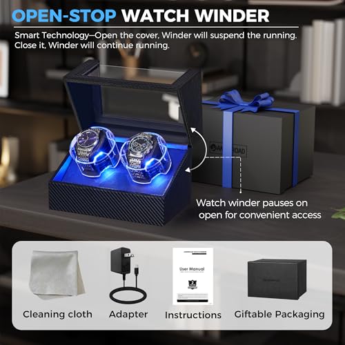 ANWBROAD Watch Winder for Automatic Watches, Double Automatic Watch Winder Box with Quiet Japanese Motor, 4 Modes Dual Watch Winder wIth LED Light, Type-C Adapter, UJWW016C