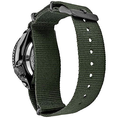 SEIKO SRPD91 Watch for Men - 5 Sports - Automatic with Manual Winding Movement, Black Dial with Black Bezel, Black Ion Stainless Steel Case, Green Nylon Strap, and Day/Date Display