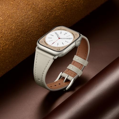 XCCYBTT Slim Leather Bands Compatible with Apple Watch Band 42mm 41mm 40mm 38mm, Genuine Leather Replacement Strap for iWatch Series 11/10/9/8/7/6/5/4/3/2/1 SE 3/2/1 Women, Starlight/Starlight