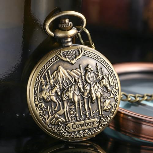 Tiong Pocket Watch Engraved Cowboy Arabic Numerals Quartz with Chain Gifts