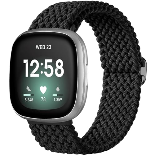 Maledan Sport Elastic Band Compatible for Fitbit Sense/Versa 3/Fitbit Versa 4/Sense 2 Bands Men Women, Breathable Nylon Stretchy Solo Loop Replacement Bands for Versa 3/ Versa 4, Black