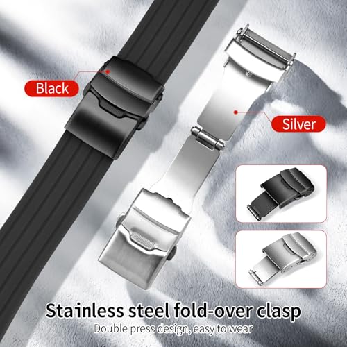 ULLCHRO Silicone Watch Strap Replacement Rubber Watch Band Waterproof Stripe Pattern - 16mm, 18mm, 20mm, 22mm, 24mm Watch Bracelet with Stainless Steel Deployment Black Buckle (22mm, Black02)