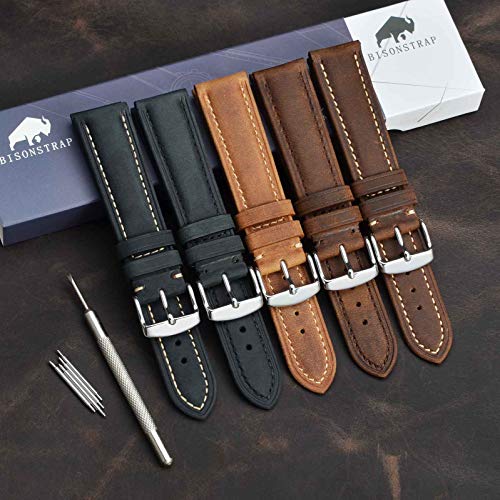 BISONSTRAP Watch Strap 20mm, Vintage Leather Replacement Watch Band, Brown
