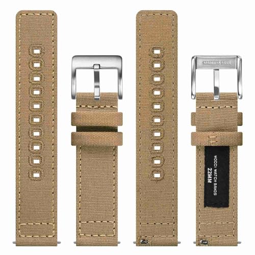 WOCCI 20mm Watch Band, Canvas Fabric, Quick Release, Replacement Strap, Silver Buckle (Khaki)