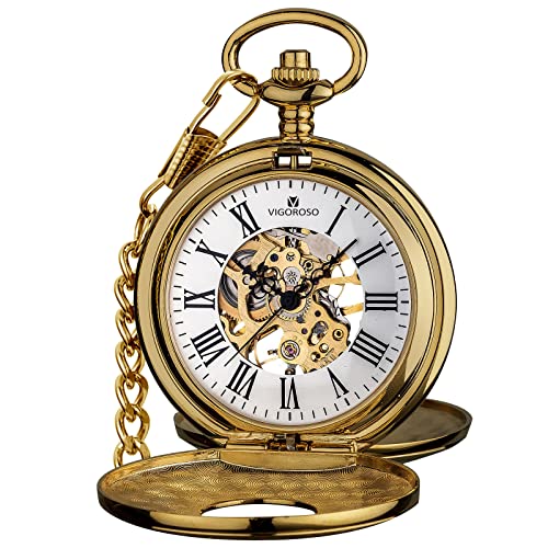 VIGOROSO Mechanical Pocket Watches for Men Gold Pocket Watch with Chain