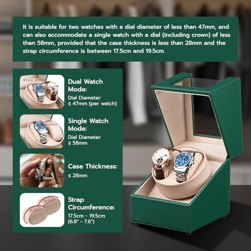 Mcbazel Watch Winder for Automatic Watches, Double Automatic Watch Winder Box, Automatic Watch Display Storage Rotation Wristwatch Box with 2 Slots (Green PU Leather)