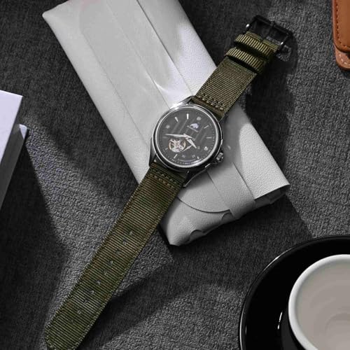 BISONSTRAP Men’s Nylon Watch Bands, Two-Piece Military Watch Straps, Quick Release, Brushed Buckle, 20mm, Army Green (Black Buckle)