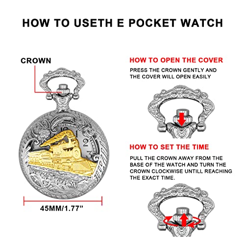 Realpoo Hollow Quartz Right Locomotive Sliver Gold Quartz Pocket Watch for Men,Arabic Numerals White Dial Pocket Watches with Chain for Men - Sliver Gold