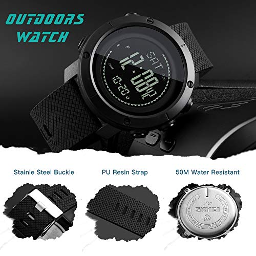 SKMEI Mens Compass Watch, Digital Sports Watch Pedometer Altimeter Barometer Temperature Military Waterproof Wristwatch for Men Women