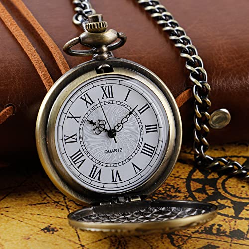 Realpoo Bronze Large Decorative Flower Pattern Pocket Watch White Roman Numeral Scale Quartz Pocket Watches for Men with Chain
