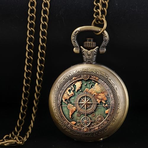 YIHAOYH Vintage Pocket Watch for Women Men Dragon Eagle Crow Design Bronze Quartz Pocket Watches with Chain Pendant Gift with Box (Bronze-map)