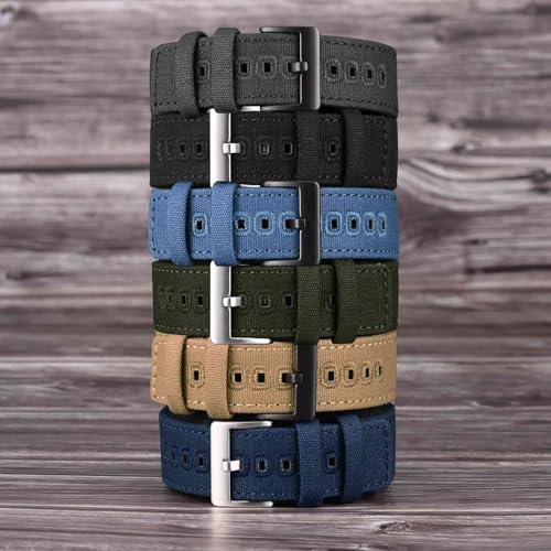 WOCCI 20mm Watch Band, Canvas Fabric, Quick Release, Replacement Strap, Silver Buckle (Khaki)