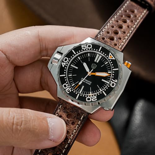 watchdives WD1968 PT5000 Automatic Dive Watch for Men, Black Dial Date Window Sapphire Crystal Watch, 300M Water Resistant Full Lume Ceramic Bezel BGW9 Luminous Leather Strap Watch
