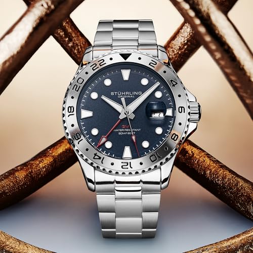 Stuhrling Original Equinox GMT 4077 Men’s 43mm Quartz GMT Watch – Dual-Time Movement, Bi-Directional Bezel, Stainless Steel Bracelet