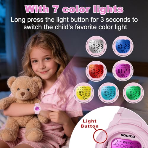SOCICO Kids Digital Watches for Girls Boys, 7 Color Lights Waterproof Sport Outdoor Wristwatch with Stopwatch, Alarm, Date, Great Gift for Child Ages 5-12