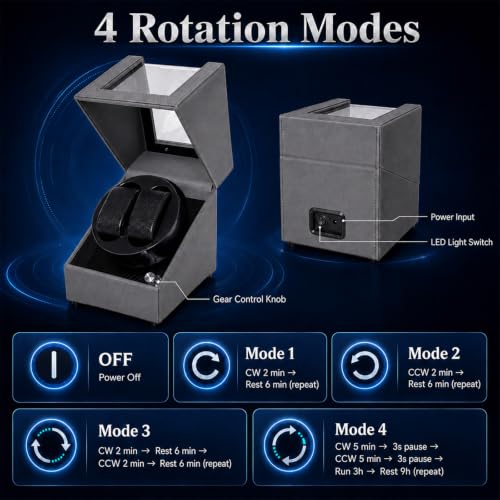 Lieinw Automatic Watch Winder for Rolex and Auto Watches, Leather Double Winding Watch Box with Blue LED & Japanese Quiet Motor, 2 Slots Rotating Watch Case Used for Storage, Display & Gifts, Gray