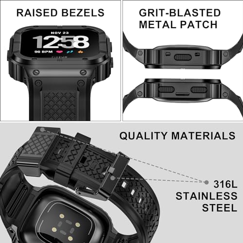 MioHHR Stainless Steel Case and Band Compatible with Fitbit Versa 4/3/2/Lite/Sense/Sense 2 Bands with Metal Case, Rugged Sports Protector Cover Silicone Wristbands for Men, Black