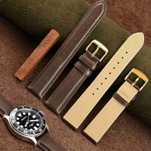 WOCCI 18mm Vintage Leather Watch Band for Men and Women, Gold Buckle (Dark Brown)