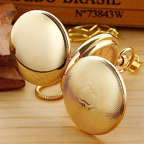 Whodoit Gold Smooth Shield Double Cover Men's Mechanical Pocket Watch, Double Cover Roman Moonlight Design Dial Chain Pocket Watch for Men