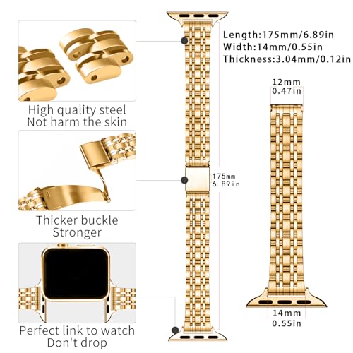 QUNDAXI Slim Watch Band Compatible with Apple Watch 41mm 45mm 42mm 44mm 40mm 38mm Metal Stainless Steel Watchband Suitable for iWatch 9/8/7/6/5/4/3/2/1/SE Series Women Luxury Strap (38mm 40mm 41mm)