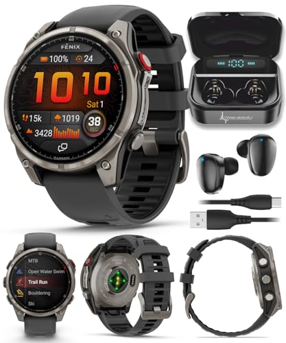 Wearable4U - Garmin Fenix 8 Pro 47mm AMOLED Sapphire Premium Connected Multisport GPS Smartwatch, inReach Technology, Titanium with Graphite Silicone Band w/Black Earbuds Bundle